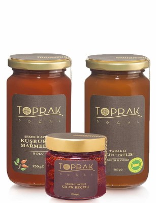 Toprak Doğal - Kuşburnu Marmelatı,Uğut Tatlısı, Şekersiz Çilek Reçeli Seti